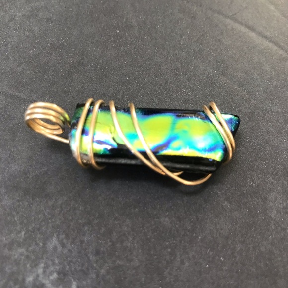 Large Black Green Blue dichroic glass Pendant Wire Wrapped GF Iridescent Artisan - Picture 4 of 8